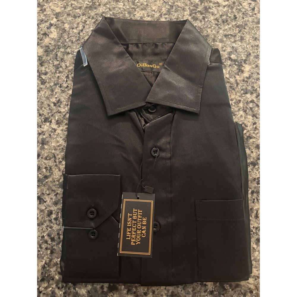 DiBanGu Mens Black Satin Dress Shirt Long Sleeve Button Down Size L